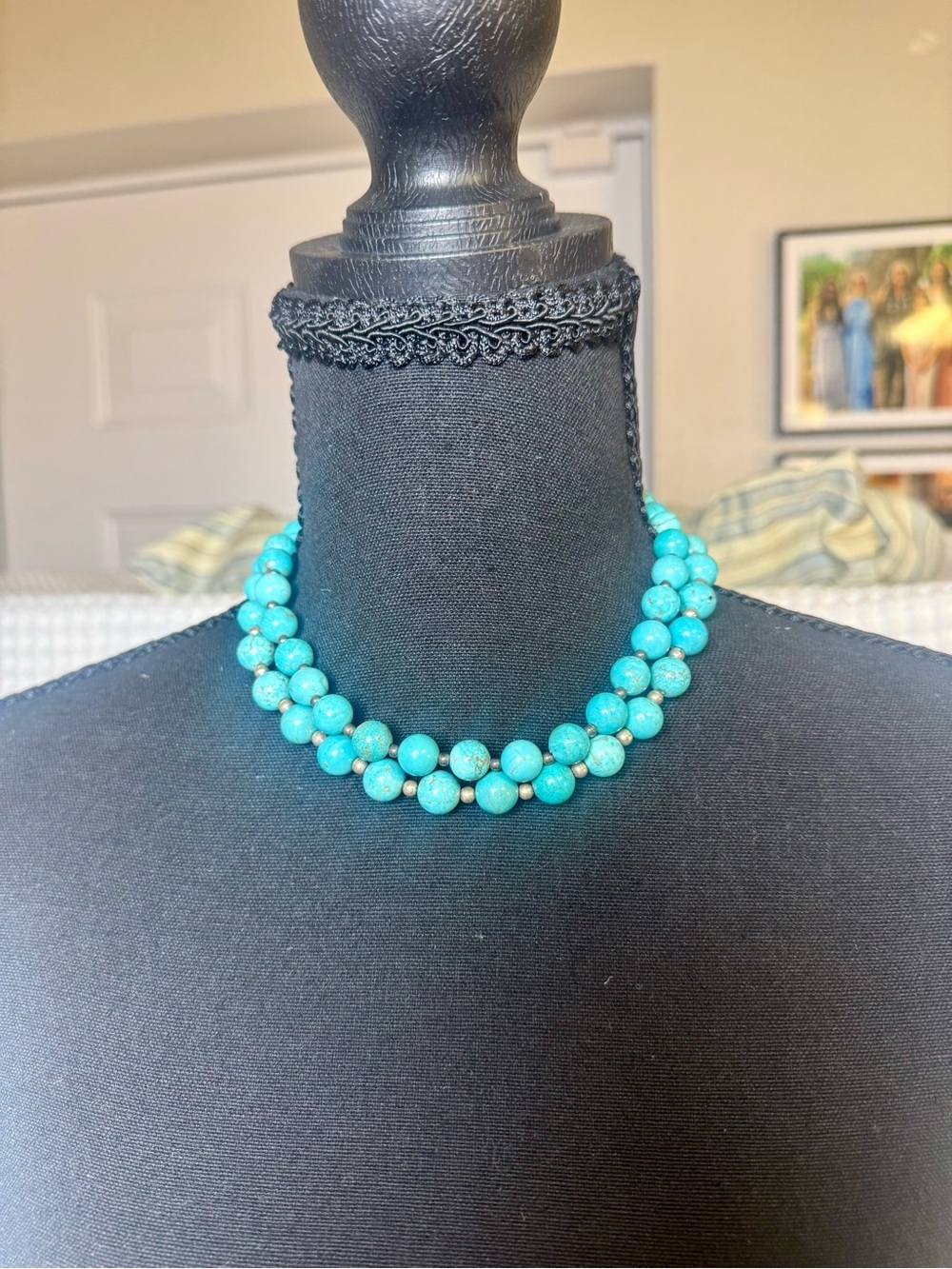 Turquoise Beaded Southwestern Artisan Style Statement Necklace with Toggle Clasp